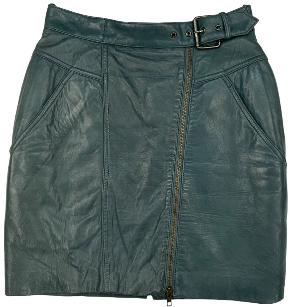 Glen Wood Vintage Soft Leather Skirt 8 Green Mini Angled Front Zip Pocket Retro